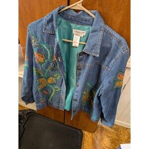 COLDWATER CREEK FLORAL EMBROIDERED & BEADED DENIM JEAN JACKET SZ PL EXC COND!